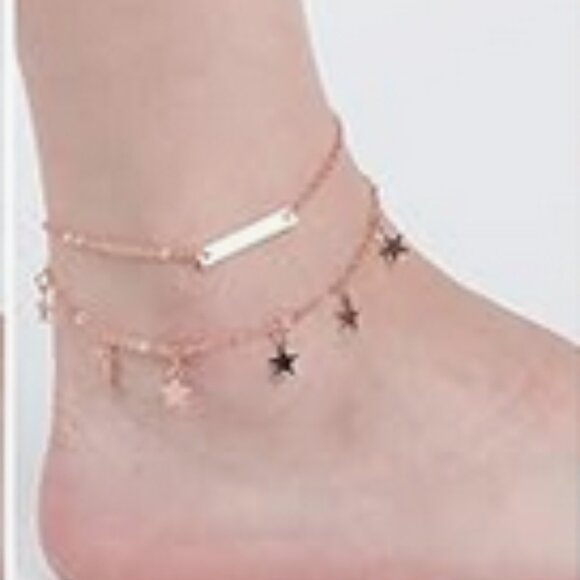 Rose Gold Metal Anklet Double Strand with Stars/Bar Charms - Picture 1 of 5